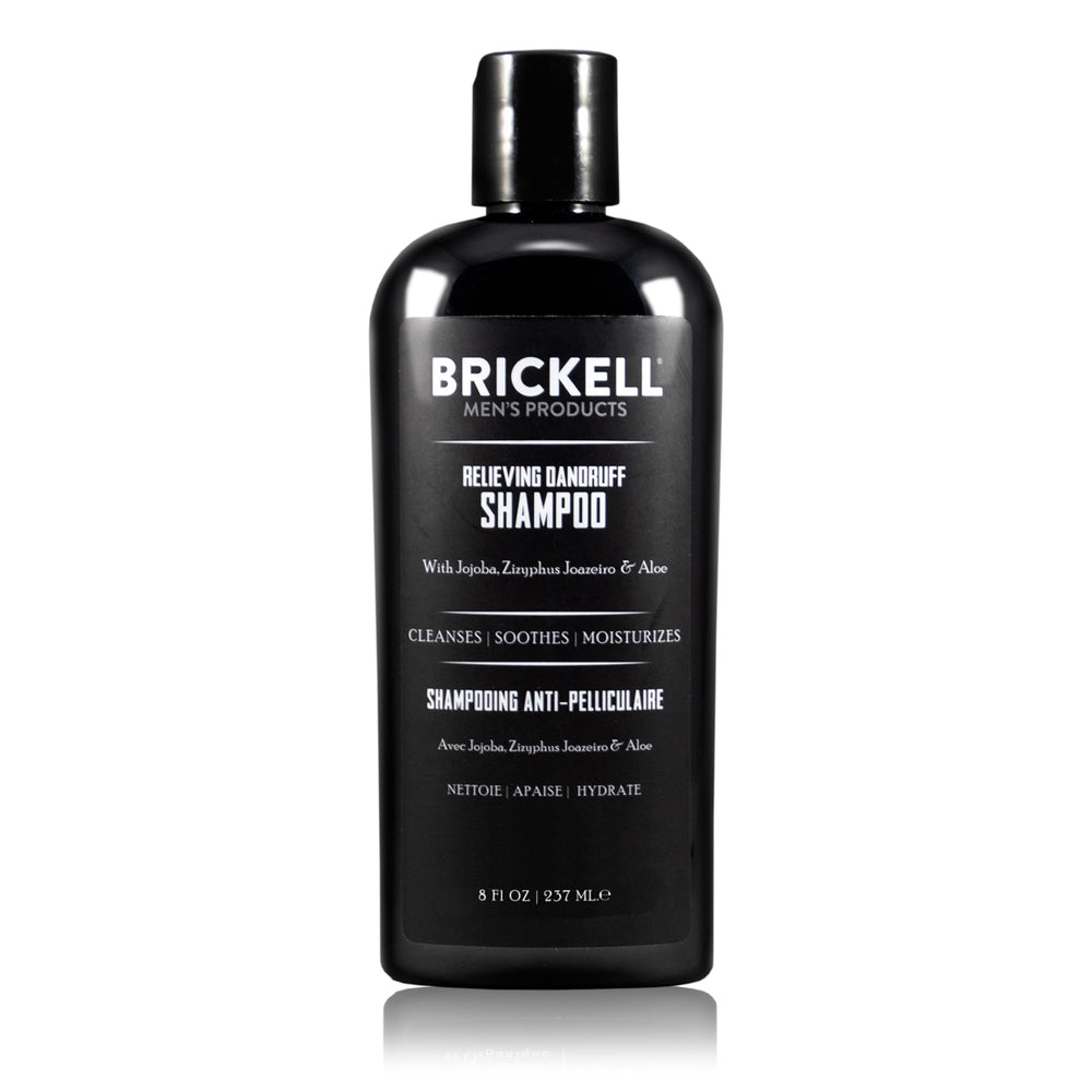 Brickell Men's Relieving Dandruff Shampoo hero bottle shows a natural formula for calm, flake-free scalp.