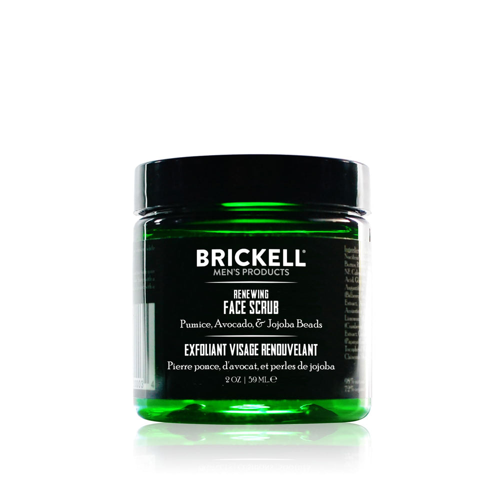 Brickell Men's Renewing Face Scrub bottle demonstrates premium exfoliation for smoother skin.