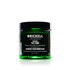 Brickell Men's Renewing Face Scrub bottle demonstrates premium exfoliation for smoother skin.