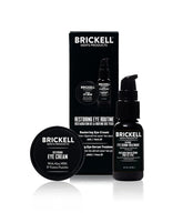 Brickell Men's Restoring Eye Routine box highlights natural unscented eye care gift set for refreshed mornings
