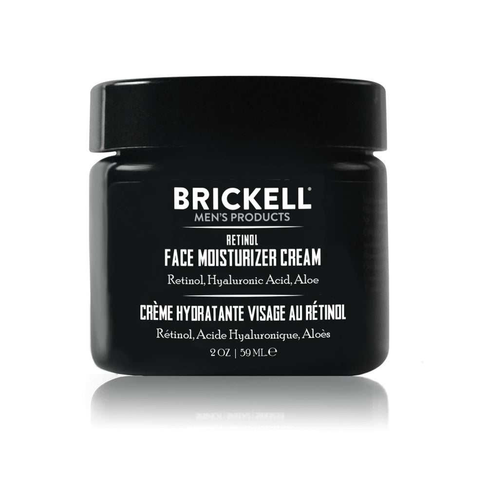 Brickell Men's Retinol Face Moisturizer bottle demonstrates fragrance-free night care for smoother skin