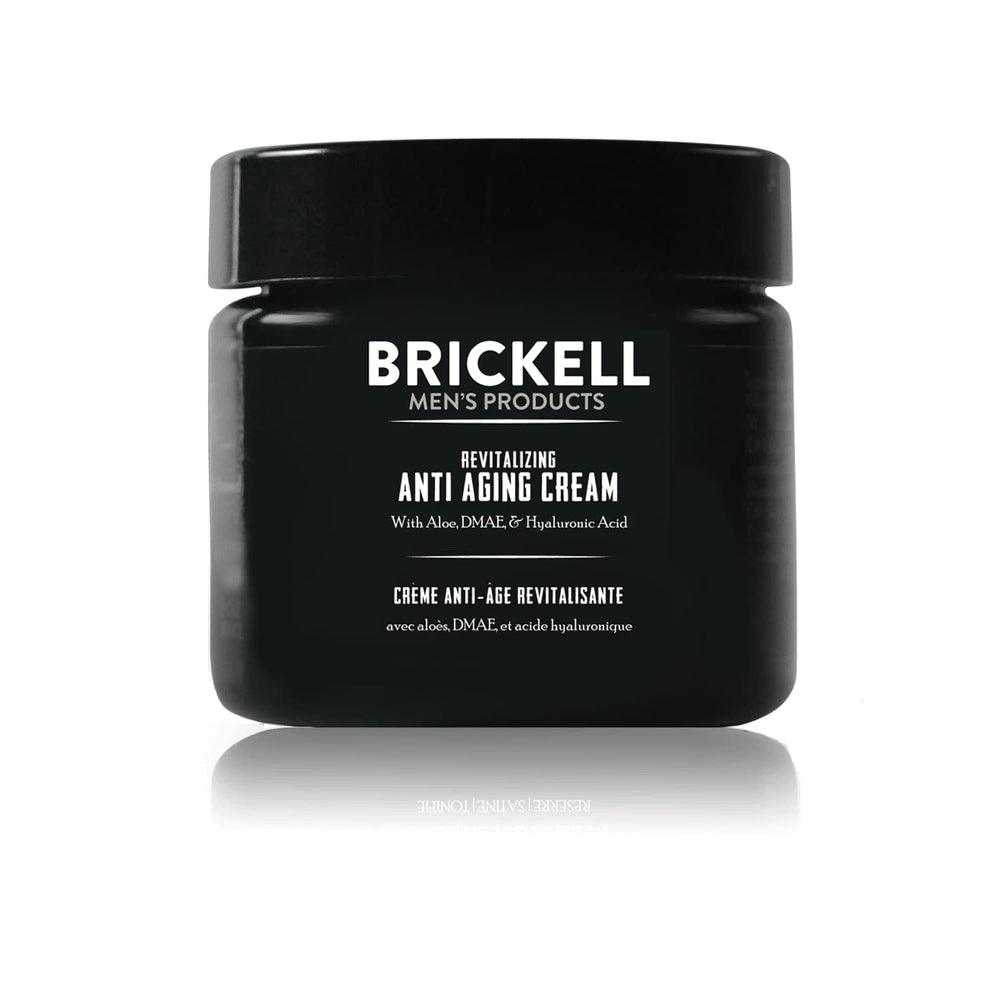 Brickell Men's Revitalizing Anti-Aging Cream jar closeup for night-time hydration.