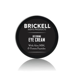 Brickell Restoring Under Eye Cream bottle close-up supports gentle eye hydration.