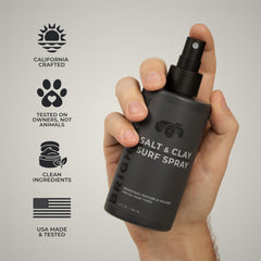 BRIGHTSIDE surf spray being applied for textured, wind-swept hair and natural shine.
