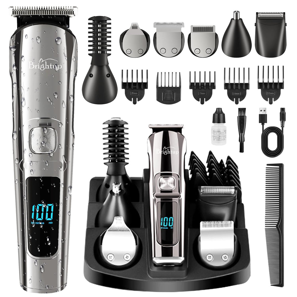 Brightup beard trimmer kit with base and six heads for all-in-one grooming.