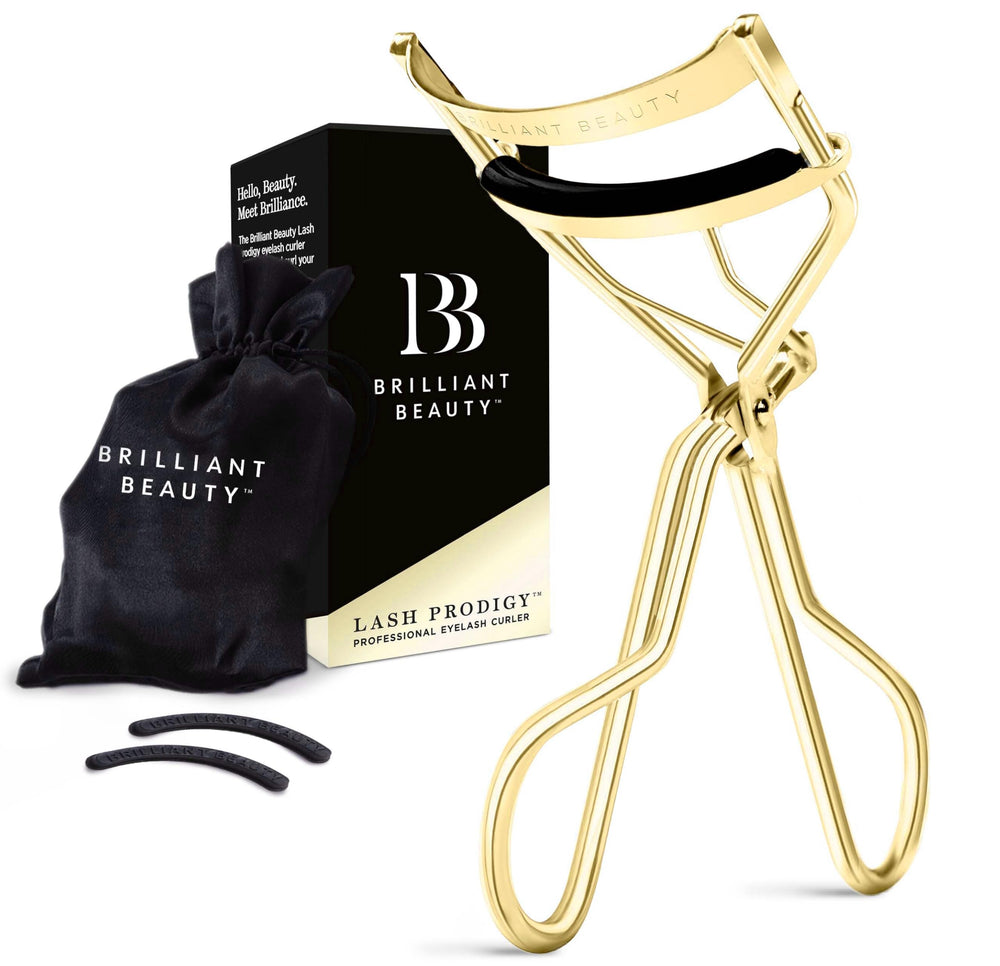 Brilliant Beauty eyelash curler with satin bag in gold for portable salon grade curl