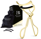 Brilliant Beauty eyelash curler with satin bag in gold for portable salon grade curl