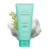 BRING GREEN Tea Tree Cica Cleansing Foam bottle demonstrates gentle exfoliation and calming cleanse