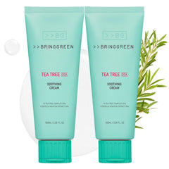 BRING GREEN Tea Tree Cica Cream packaging highlights vegan formula for gentle skincare.