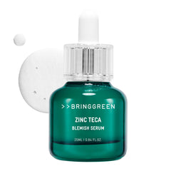 BRING GREEN Zinc Teca Serum bottle closeup showing soothing formula for sensitive skin.