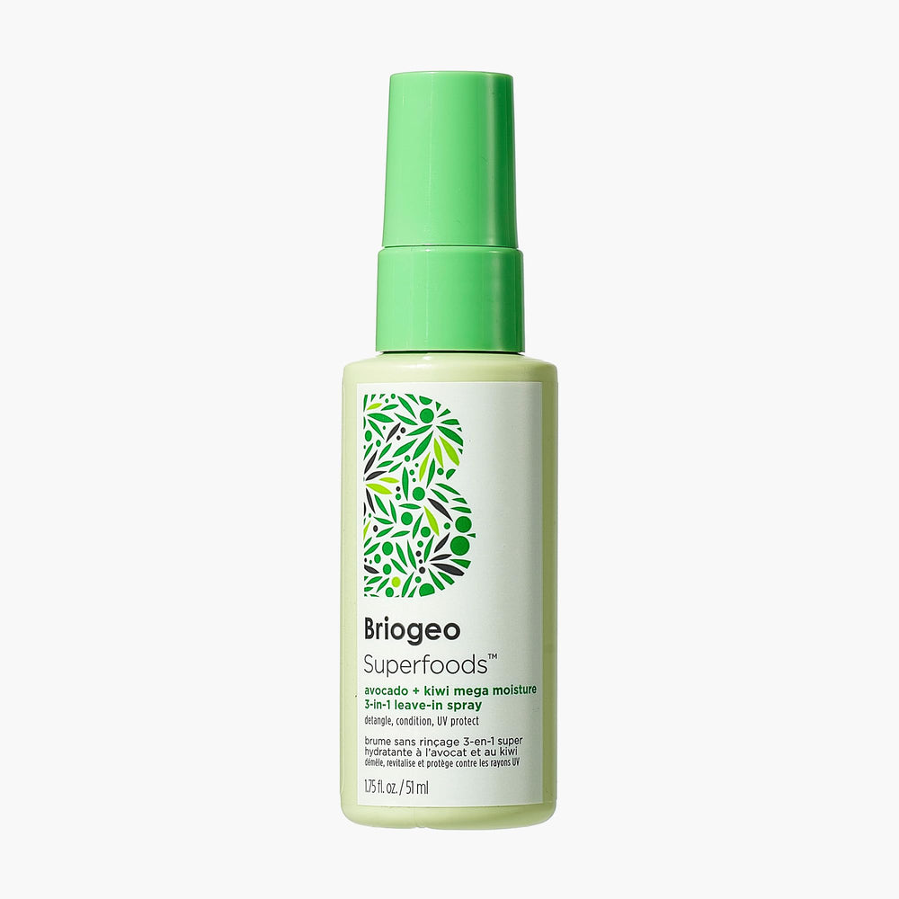 Briogeo Avocado + Kiwi Mega Moisture bottle showcases lightweight hydration