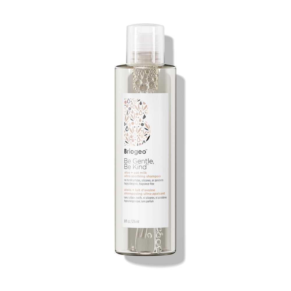 Briogeo Be Gentle Be Kind shampoo bottle highlights fragrance-free formula for sensitive scalps.