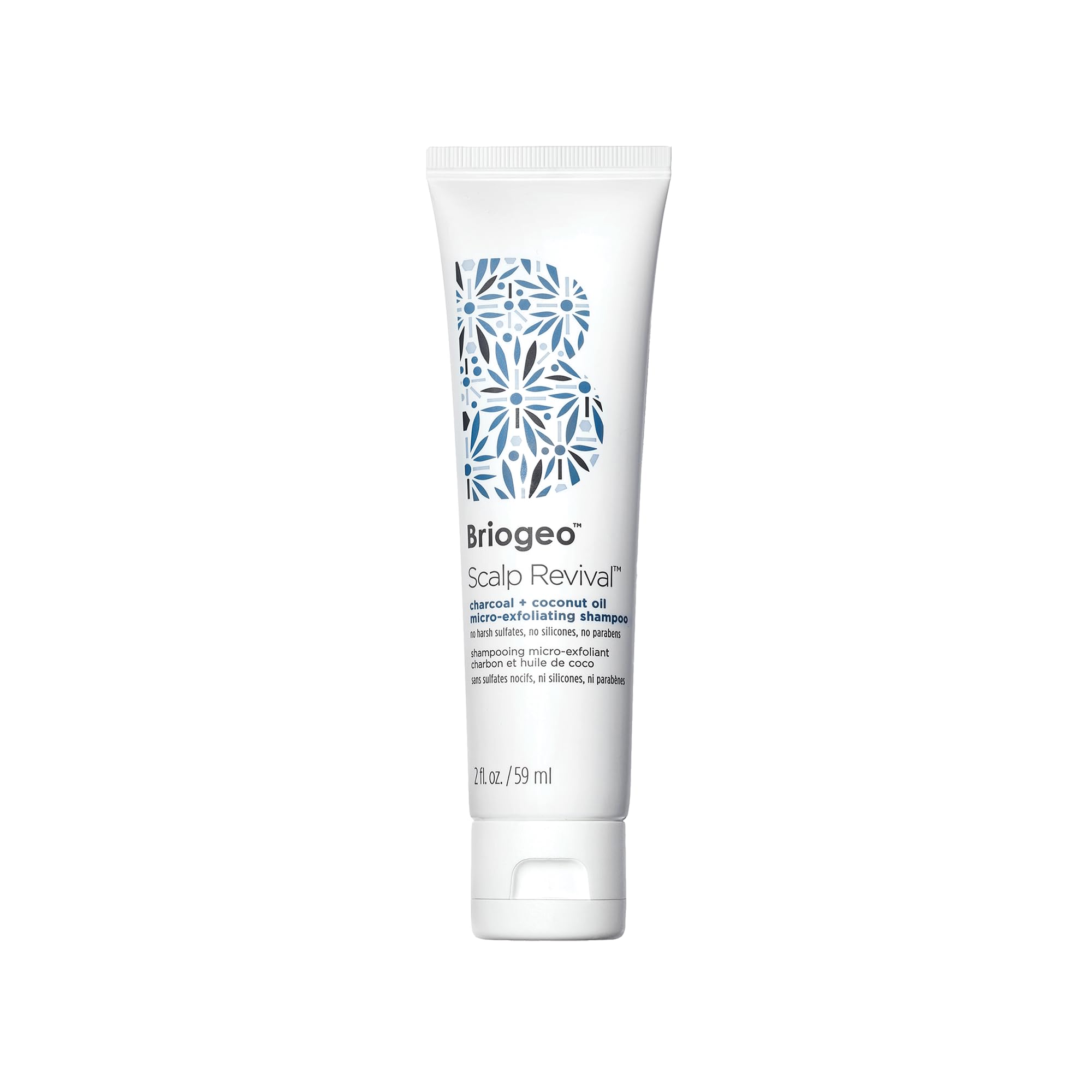 Briogeo Scalp Revival bottle close-up shows detoxifying charcoal formula for a refreshed scalp