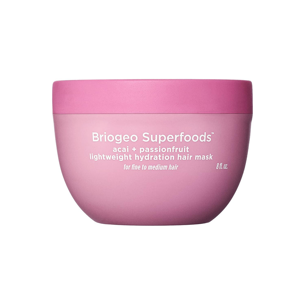 Briogeo Superfoods Acai Passionfruit mask bottle demonstrates weightless hydration for fine hair