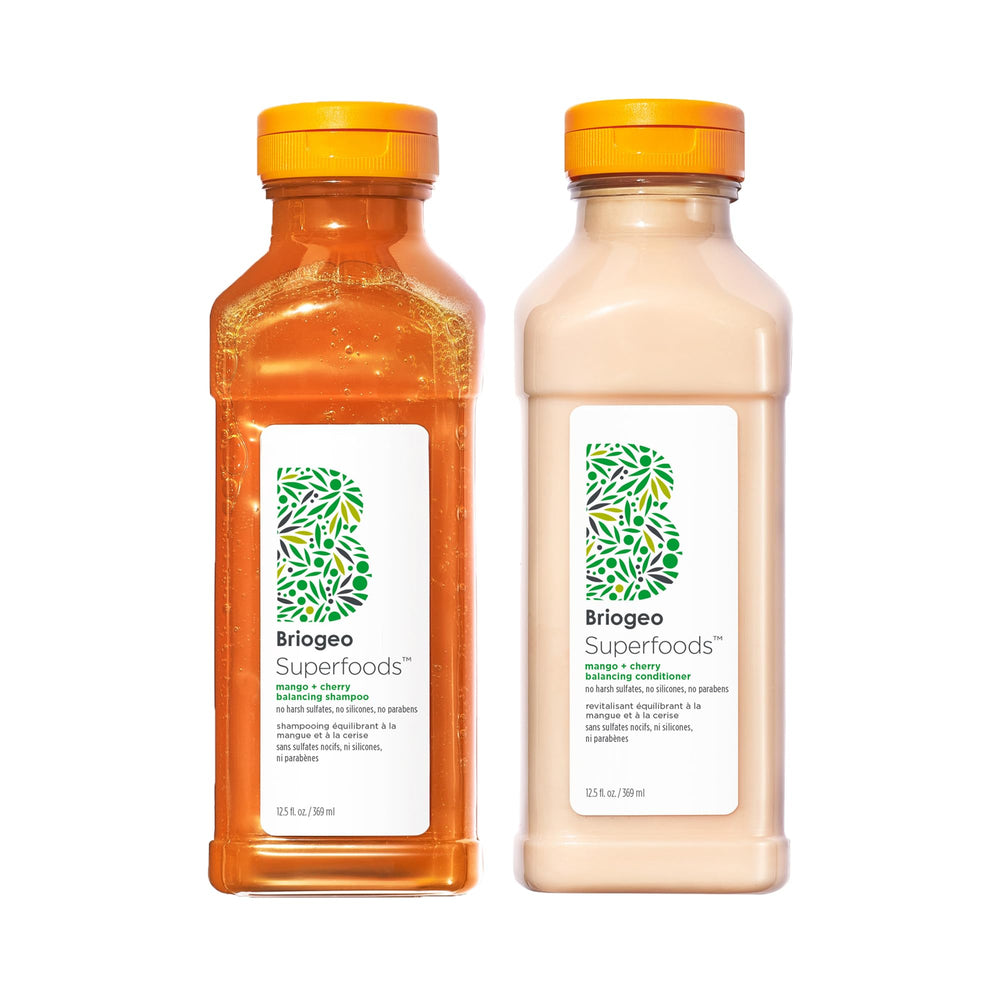 Briogeo Superfoods Mango Cherry Shampoo bottle balancing cleansing and refreshment.