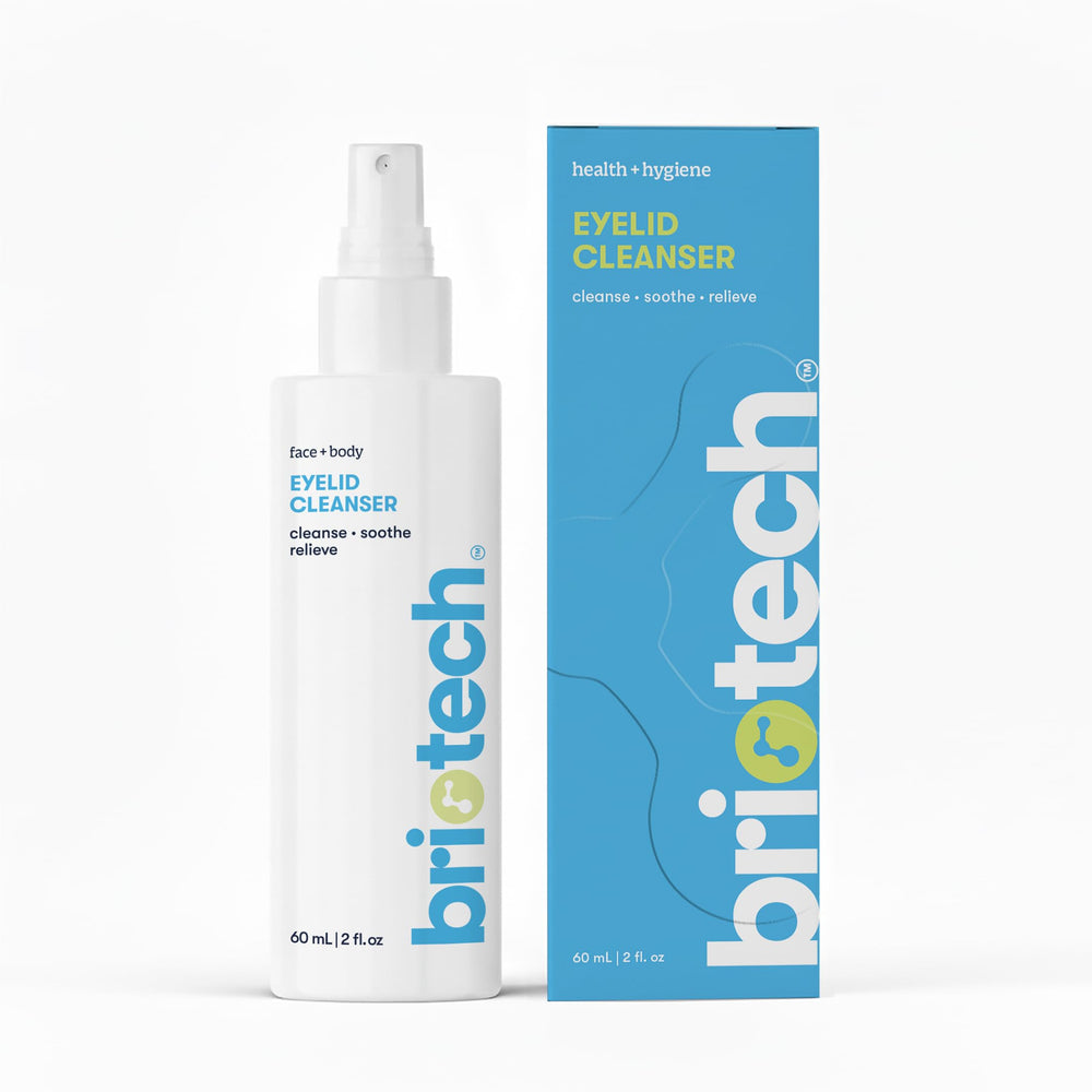 BRIOTECH Eyelid Cleanser bottle pour for easy application and gentle cleansing