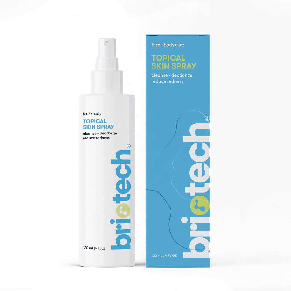 BRIOTECH Topical Skin Spray bottle close-up showing sensitive-skin support.