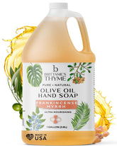 Brittanie's Thyme castile soap bottle with frankincense aroma for gentle cleansing ritual.