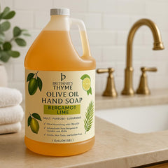 Brittanie's Thyme bergamot-lime liquid soap pump ready for versatile cleaning.
