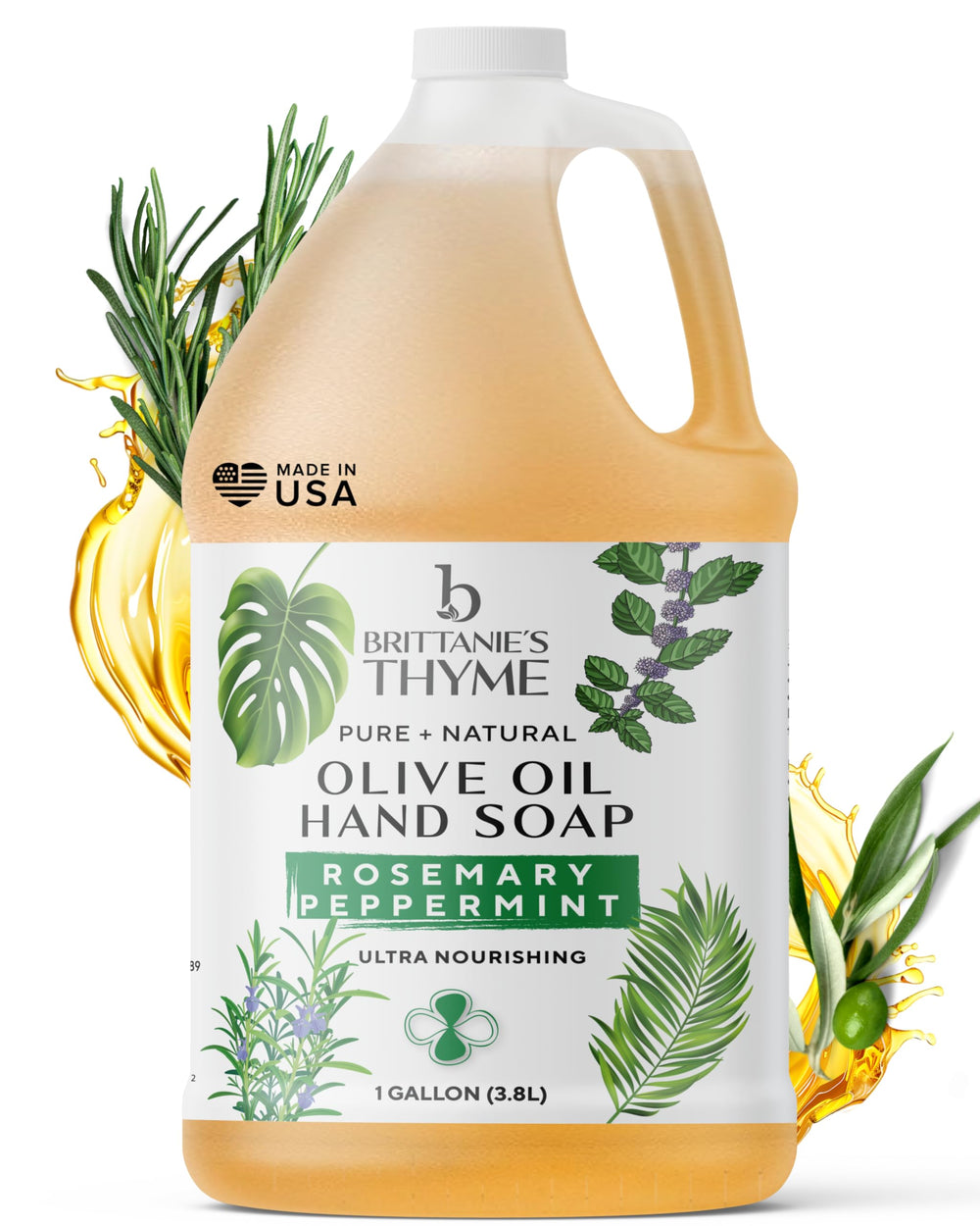 Brittanie's Thyme rosemary-peppermint castile soap 1gal bottle, versatile for skin and home cleaning.