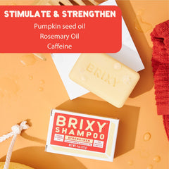 BRIXY Strengthening Shampoo Bar with pumpkin seed oil nourishes scalp and hair.