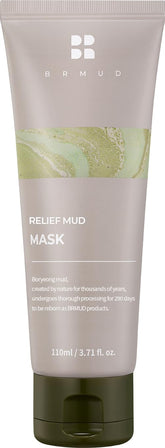 BRMUD Relief Mud Mask packaging close-up highlights natural ingredients for radiant skin