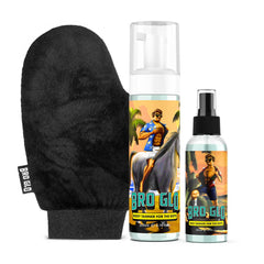 Bro Glo starter bundle face-application shows even, quick-drying tan for a natural look.