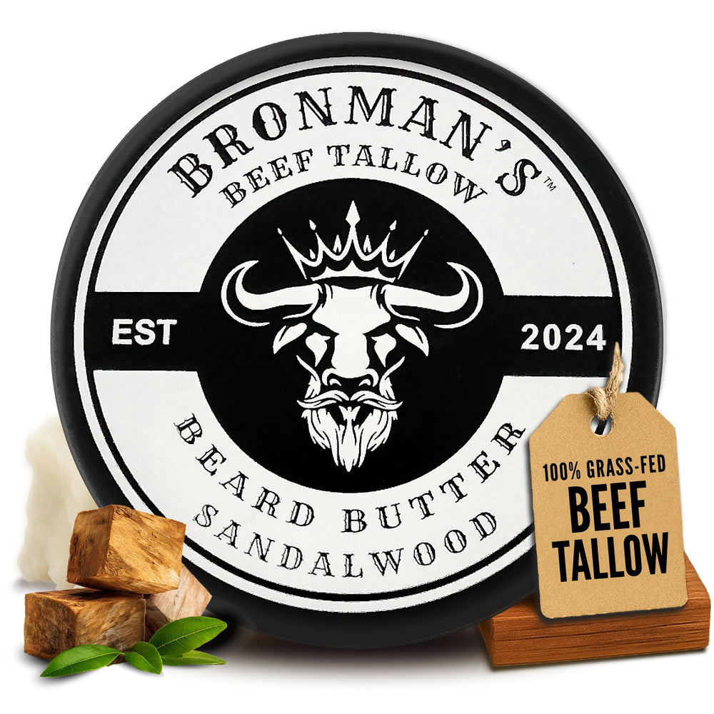 Bronmans beef tallow beard butter jar front showcasing hydrating beard nourishment
