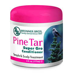 Bronner Bros Pine Tar Super Gro bottle front showing label and 6 oz size for scalp care use.