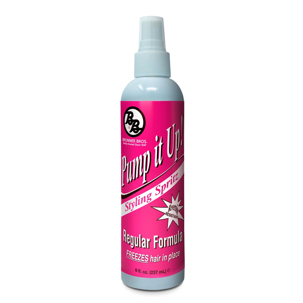 Bronner Bros Pump It Up Spritz bottle closeup for fast-dry finishing with flexible hold