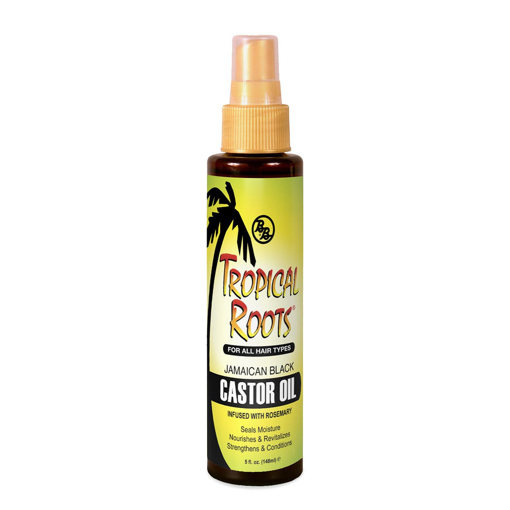 Bronner Bros Tropical Roots Aceite Negro Ricino con Romero en frasco, nutre y suaviza el cabello.