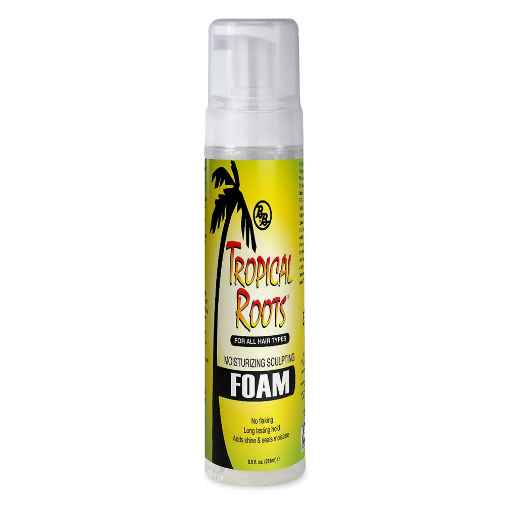 Bronner Bros Tropical Roots foam packaging highlights hydrating formula for defined styles.