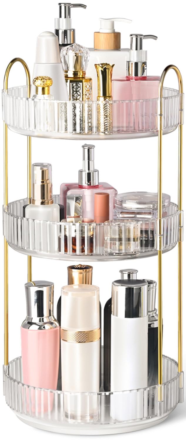Brothersbox 360° rotation makeup organizer shown on vanity for easy access to cosmetics