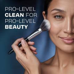 Brush Clean Pro Original Brush Cleaner bottle pour demonstrates rinse-free use for quick makeup tool turnaround.