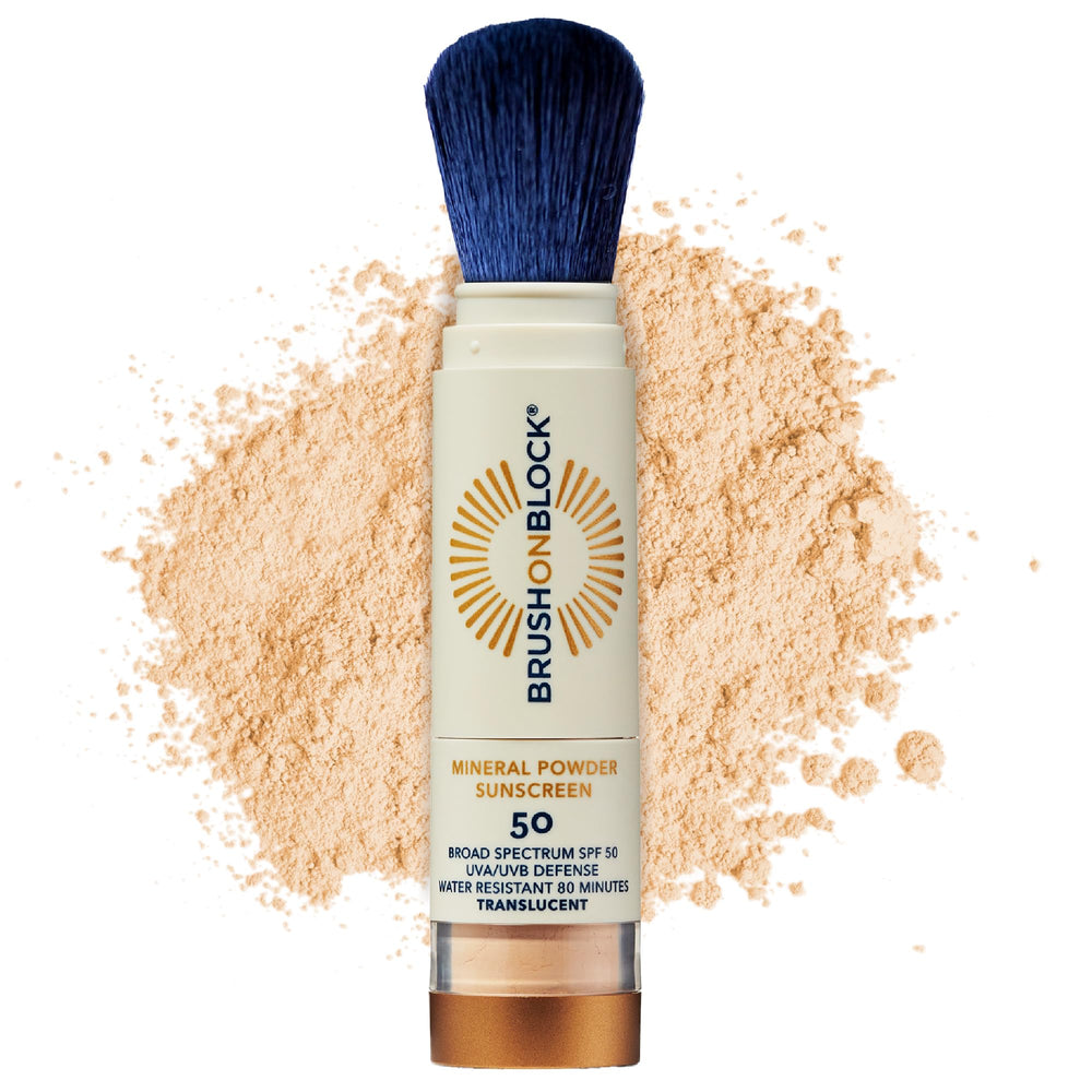 Brush On Block SPF50 mineral powder compact for portable sun protection on the go.