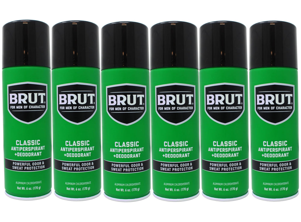 Brut deodorant aerosol can in classic scent provides all-day protection.