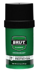 Brut deodorant round solid 2-pack side angle emphasizes compact, mess-free stick.