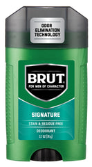 Brut Deodorant Signature label shows the fresh scent for daily freshness.