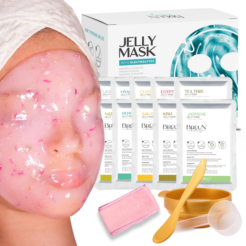 BRÜUN Peel-Off Jelly Mask kit packaging signals premium at-home spa treatment.