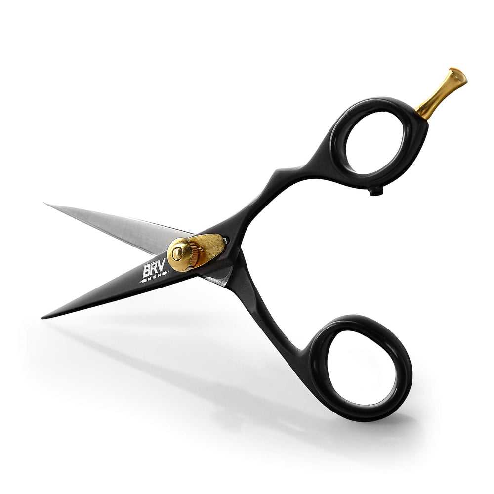 BRV MEN professional mustache and beard scissors 5.5 inch closeup showing precise trimming