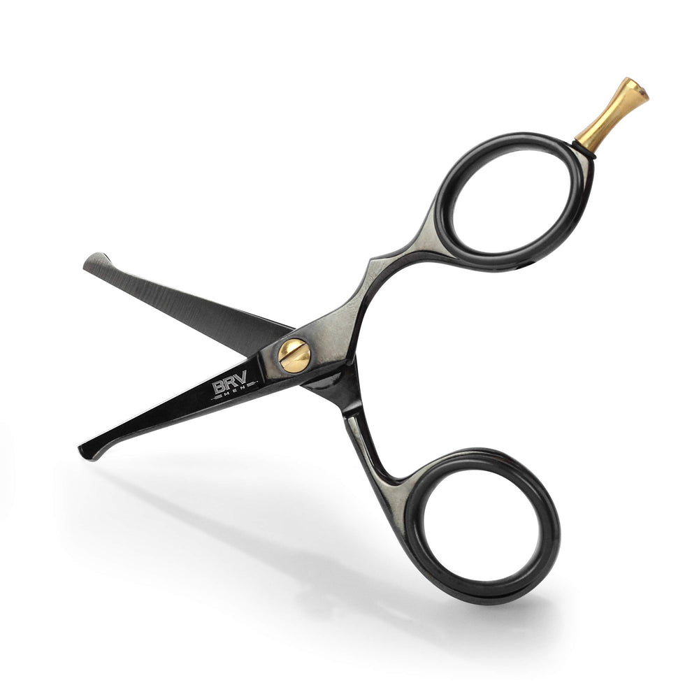 BRV MEN rounded-tip small-trim scissors in black for precise nose and ear hair trimming close-up.