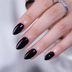BTArtbox Black Press On Nails Almond box open to reveal glue and tabs for easy application.