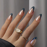 BTArtbox Black Swan French Tip close-up shows glossy almond press-ons for glam nights.