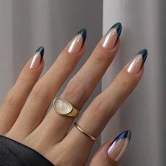 BTArtbox Black Swan French Tip close-up shows glossy almond press-ons for glam nights.