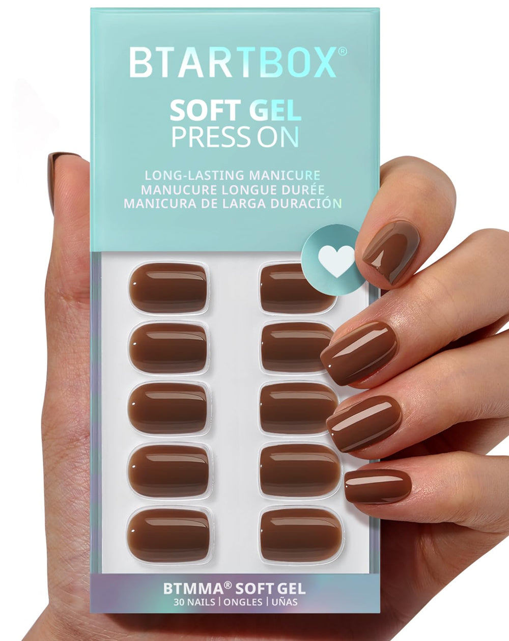 BTArtbox Bold Brew nails close-up showing soft gel texture for natural-looking wear and shine