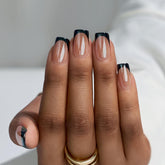 BTArtbox Braveheart nails close-up with black chrome French tip and glossy finish for chic wear