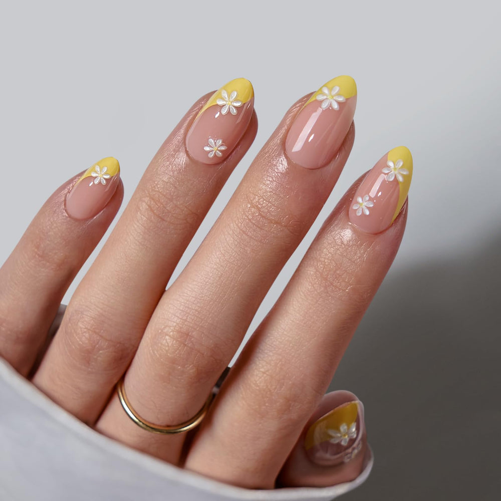 BTArtbox Daisy French Tip press-on nails kit shows almond tips for at-home salon-grade nails