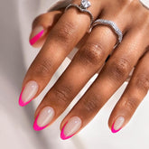 BTArtbox French Tip Almond hot pink nails closeup for salon-ready results.