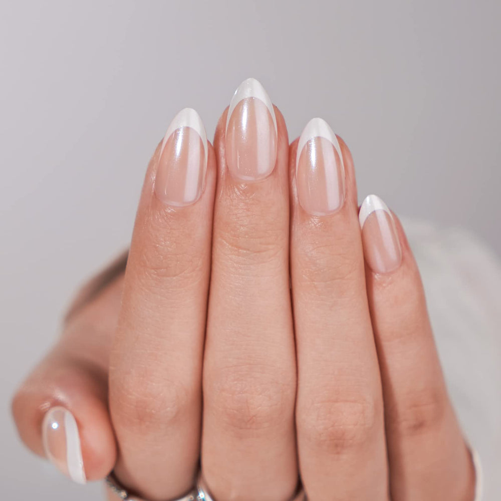 BTArtbox French Tip Nails in white almond medium on display for a chic salon-like manicure.