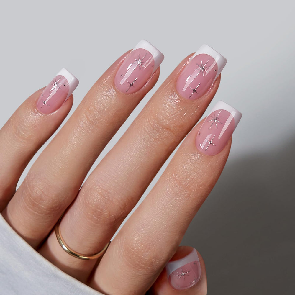 BTArtbox French Tip nails pink stars with starlit sparkle for quick stylish manicure.